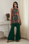 SHASHA GABA_Green Chanderi, Satin Embroidery, Sequins Floral Print Flared Kurta And Pant Set _at_Aza_Fashions
