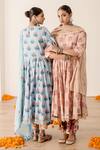 Gulabo Jaipur_Blue Cotton, Kota Doria Embroidery, Zari Roshan Flower Print Anarkali Pant Set _at_Aza_Fashions