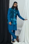 Buy_Nirmooha_Blue Nokia Silk Print Blotch Kurta Set With Velvet Bundi _at_Aza_Fashions