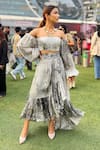 Nirmooha_White Crepe Printed Forest Straight Off Shoulder Top _Online_at_Aza_Fashions