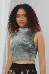Nirmooha_White Crepe Printed Forest High Neck Top _Online_at_Aza_Fashions