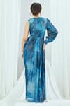 Shop_Nirmooha_Blue Lurex Printed Blotch Round One Shoulder Drape Dress _at_Aza_Fashions