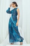 Buy_Nirmooha_Blue Lurex Printed Blotch Round One Shoulder Drape Dress 