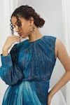 Nirmooha_Blue Lurex Printed Blotch Round One Shoulder Drape Dress _Online