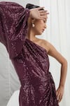 Nirmooha_Purple Sequin Embellished Asymmetric Neck One Shoulder Dress _Online_at_Aza_Fashions