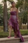 Nirmooha_Purple Lurex Print Geometric Straight Neck Asymmetric Hem Ruffle Dress _Online_at_Aza_Fashions