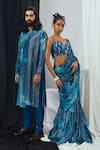 Nirmooha_Blue Lurex Print Sequins Sweetheart Neck Pre-draped Ruffle Hem Saree With Blouse _Online_at_Aza_Fashions