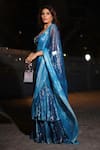 Nirmooha_Blue Lurex Print Sequins Sweetheart Neck Pre-draped Ruffle Hem Saree With Blouse _at_Aza_Fashions