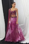 Nirmooha_Purple Lurex Print Blotch Sweetheart Neck Lehenga And Corset Set _at_Aza_Fashions