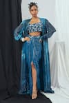 Buy_Nirmooha_Blue Lurex Hand Embroidery Blotch Bralette Square Print Cape And Draped Skirt Set _at_Aza_Fashions