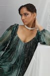 Shop_Nirmooha_Green Lurex Print Blotch V Neck Kaftan _at_Aza_Fashions