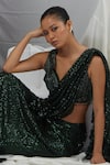 Nirmooha_Green Lurex Embroidery Sequins V Neck Pre-draped Saree With Blouse _Online_at_Aza_Fashions