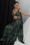 Buy_Nirmooha_Green Lurex Embroidery Silver Cubes V Neck Pre-draped Saree With Hand Blouse _Online_at_Aza_Fashions