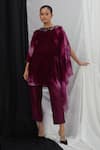 Buy_Nirmooha_Purple Velvet Print Blotch Straight Neck Kaftan With Pant _at_Aza_Fashions