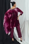 Shop_Nirmooha_Purple Velvet Print Blotch Straight Neck Kaftan With Pant _at_Aza_Fashions