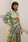 Buy_Forty Four_Multi Color Satin Silk Print Abstract Asymmetric Neck Top With Skirt _Online_at_Aza_Fashions