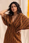 Forty Four_Multi Color 100% Pure Silk Printed Geometric Plunge V Neck Kaftan Dress _Online_at_Aza_Fashions