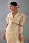 Buy_Torani_Beige Silk Organza Hand Mradu Afrah Saree With Puff Sleeve Blouse  