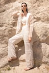Shop_COUTURE BY NIHARIKA_Ivory Organza Sequins, Beads Open Neck, Sheer Jacket And Hand Embroidered Pant Set _at_Aza_Fashions