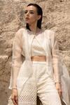COUTURE BY NIHARIKA_Ivory Organza Sequins, Beads Open Neck, Sheer Jacket And Hand Embroidered Pant Set _Online_at_Aza_Fashions