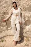Buy_COUTURE BY NIHARIKA_Ivory Organza Sequins, Beads Open Neck, Sheer Jacket And Hand Embroidered Pant Set _Online_at_Aza_Fashions