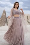 Shop_COUTURE BY NIHARIKA_Purple Viscose, Net Sequins Scoop Neck Floral Embroidered Cape And Lehenga Set _at_Aza_Fashions