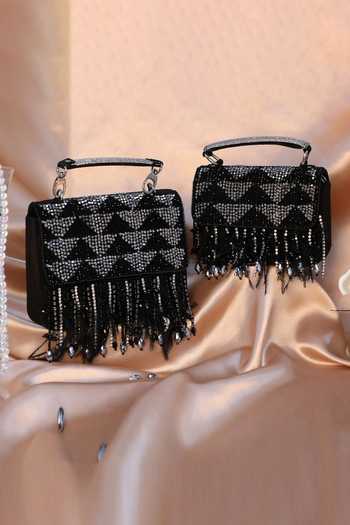 Beige & White Embellished Tasselled Potli Clutch – Elegant Velvet Ethnic Handbag for Weddings & Parties