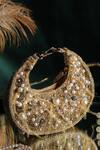 Shop_RICAMMO_Gold Embellished Pearl Half Moon Bag_at_Aza_Fashions