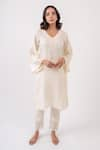 Buy_Avaasya Jaipur_Ivory Linen Lace V Crochet Kurta And Pant Set  _at_Aza_Fashions