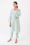 Avaasya Jaipur_Blue Linen Lace V Neck Kurta And Pant Set _Online_at_Aza_Fashions