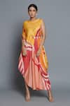 Buy_Vedika M_Multi Color Satin Printed Round Asymmetric Draped Kaftan  _at_Aza_Fashions