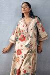 Buy_Torani_Beige Slub Cotton Printed Floral V Neck Badami Bahaar Kurta Pant Set  _Online_at_Aza_Fashions