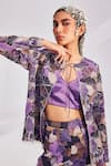 Buy_Divya Aggarwal_Purple Blouse Heavy Satin Print Floral Bloom Round Pattern Jacket Trouser Set_Online_at_Aza_Fashions