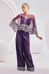 Buy_Divya Aggarwal_Purple Blouse Heavy Satin Embroidery Sequins Round Neck Zoey Cape Trouser Set _Online_at_Aza_Fashions