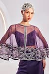 Shop_Divya Aggarwal_Purple Blouse Heavy Satin Embroidery Sequins Round Neck Zoey Cape Trouser Set _Online_at_Aza_Fashions