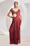 Buy_Divya Aggarwal_Wine Chiffon Satin Embroidered Bead Pre-draped Embellished Saree With Blouse_at_Aza_Fashions