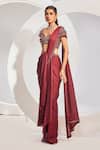 Divya Aggarwal_Wine Chiffon Satin Embroidered Bead Pre-draped Embellished Saree With Blouse_Online_at_Aza_Fashions