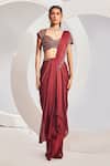 Buy_Divya Aggarwal_Wine Chiffon Satin Embroidered Bead Pre-draped Embellished Saree With Blouse_Online_at_Aza_Fashions