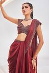 Shop_Divya Aggarwal_Wine Chiffon Satin Embroidered Bead Pre-draped Embellished Saree With Blouse_Online_at_Aza_Fashions