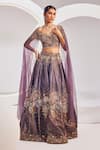 Buy_Divya Aggarwal_Wine Chanderi Silk Embroidered Thread Sequin And Bead Embellished Lehenga Set _at_Aza_Fashions