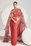 Buy_Divya Aggarwal_Red Saree Georgette Embroidered Sequin V Neck Pre-draped With Cape_at_Aza_Fashions