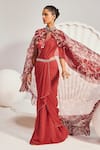 Divya Aggarwal_Red Saree Georgette Embroidered Sequin V Neck Pre-draped With Cape_Online_at_Aza_Fashions
