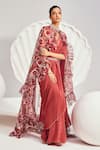 Buy_Divya Aggarwal_Red Saree Georgette Embroidered Sequin V Neck Pre-draped With Cape_Online_at_Aza_Fashions
