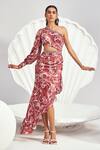 Buy_Divya Aggarwal_Red Satin Printed One Shoulder Asymmetric Drape Dress _at_Aza_Fashions