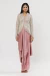 Shop_COUTURE BY NIHARIKA_Pink Organza, Satin Embroidery High Neck Crystal Feather Jacket With Skirt _at_Aza_Fashions