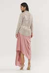COUTURE BY NIHARIKA_Pink Organza, Satin Embroidery High Neck Crystal Feather Jacket With Skirt _Online_at_Aza_Fashions