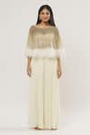 Shop_COUTURE BY NIHARIKA_Ivory Organza, Chiffon Crystals, Pearls, Plume Embellished Cape Pant Set _at_Aza_Fashions