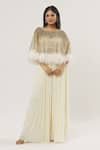 Buy_COUTURE BY NIHARIKA_Ivory Organza, Chiffon Crystals, Pearls, Plume Embellished Cape Pant Set _Online_at_Aza_Fashions