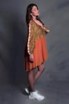 Seesa_Gold Tussar Silk V Neck Asymmetric Dress _Online_at_Aza_Fashions