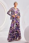 Buy_Divya Aggarwal_Purple Blouse Heavy Satin Print Floral Bloom Round Pattern Jacket Trouser Set_at_Aza_Fashions